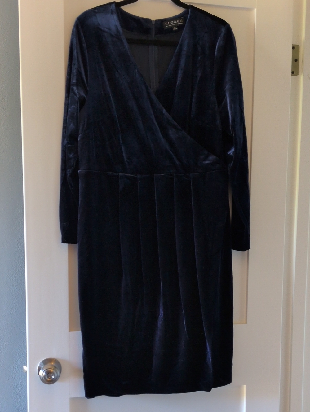 Eloquii Midnight Navy Velvet Wrap-Style Long Sleeve Dress